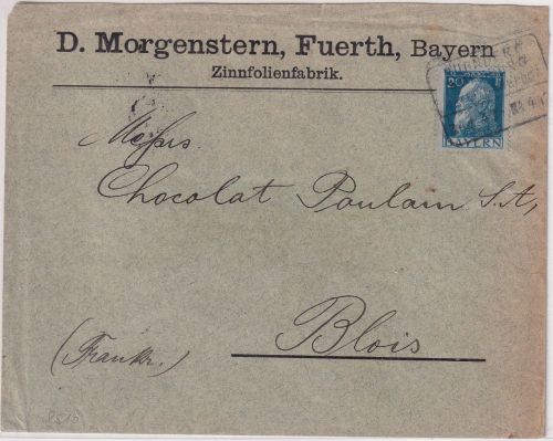 Bayern - Nürnberg Würzburg Bahnpost Zug 43 Brief n FRANKREICH Fürth 1912 Judaika