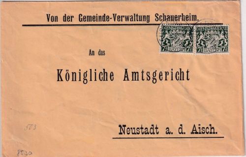 Bayern - 2x7 1/2 Pfg. Staatswappen Ortsdienstbrief Schauerheim Neustadt 9.10.18
