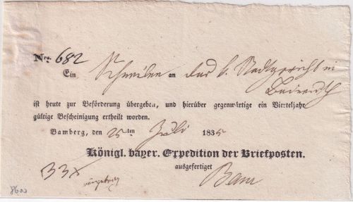 Bayern - Bamberg 1835 Briefpost-Aufgabeschein f.e. Sendung n. Bayreuth