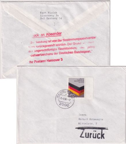 BRD/Postkrieg - 80 Pfg. Heimatvertriebene Brief i.d. DDR Hamburg 1986