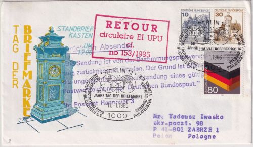 BRD/Postkrieg - 80 Pfg. Heimatvertriebene Brief n. POLEN Berlin 1986