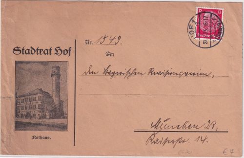 DR - Hof 1935 illustrierter brief (Rathaus) n. München