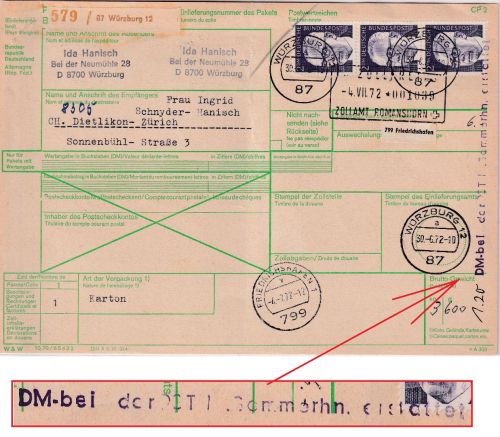 BRD - 3x2 DM Heinemann Paketkarte i.d. SCHWEIZ Würzburg 12 - Zürich 1972