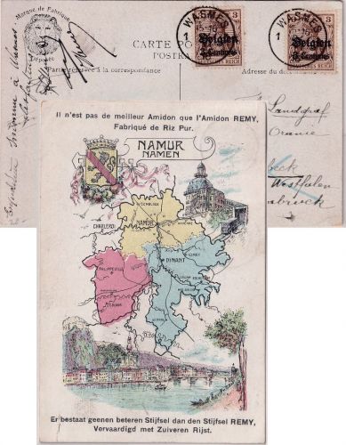 LP Belgien - 2x3 C. Germania/Überdruck Firmenwerbekarte Wasmes - Langenbeek 1916