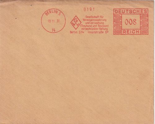DR - Berlin S14 19.11.31 8 Pfg. AFS "GVV" Blankoabschlag a. Kuvert