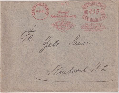 DR - Berlin Weissensee 10.10.31 15 Pfg. AFS "Trumpf Pralinen" Brief n. Neukirch