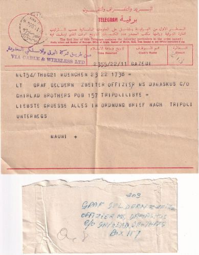 Libyen - Telegramm aus München 1954 an Graf v. Geldern 2. Offz. MS Damaskus