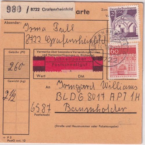 BRD - 2 DM+60 Pfg. gr. Bauwerke Schnellpaketkarte Grafenrheinfeld 1968