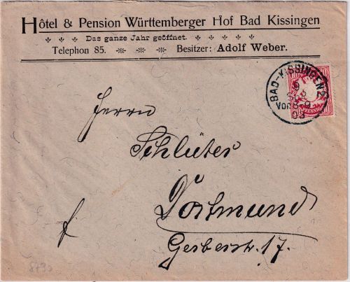 Bayern - Bad Kissingen 1903 Württemberger Hof Vordruckkuvert n. Dortmund