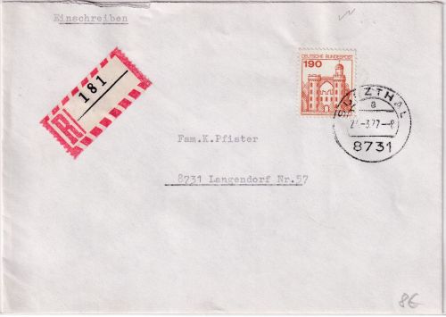 BRD - Sulzthal 24.3.77 Blanko-R-Zettel OHNE Ortsangabe Einschreibebrief