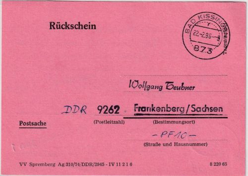 BRD - Bad Kissingen 1986 Rückschein n. Frankenberg/DDR