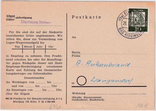 BRD - (13a) Elfershausen ü. Bad Kissingen Poststelle I Frachtgutbenachrichtigung