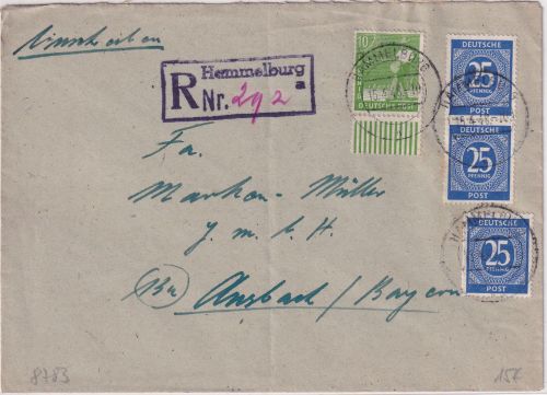 All.Bes. - 3x25 Pfg. Ziffer blau ua. Einschreibebrief Hammelburg Ansbach 15.4.48