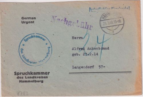 All.Bes. - Hammelburg 25.3.48 portopfl. Dienstbrief (Spruchkammer) Nachporto