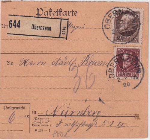 Bayern - 1 M. + 50 Pfg. Ludwig Paketkarte Obernzenn - Nürnberg 21.1.20