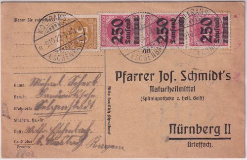 DR-Infla - 3x250 Tsd/500 M. u.a. Karte Wolframs Eschenbach - Nürnberg 9.10.23