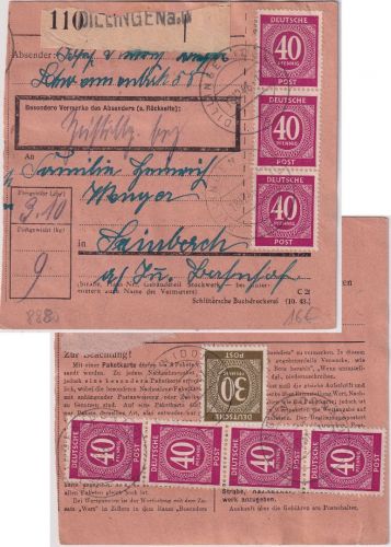 All.Bes. - 7x40+30 Pfg. Ziffer Paketkarte Dillingen - Simbach 18.12.46