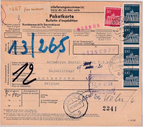 BRD - 3x100+30 Pfg. Brandenburger Tor Paketkarte n. BELGIEN Nördlingen 1969