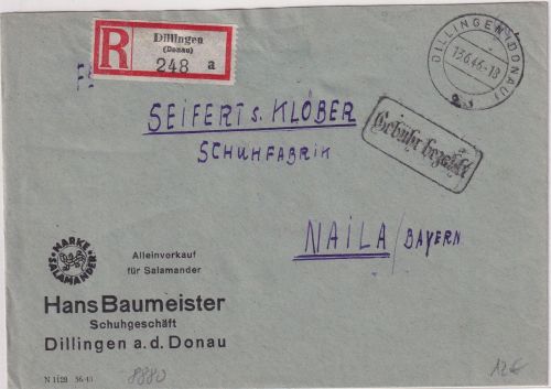 All.Bes. - Dillingen 13.6.46 Gebühr bezahlt Ra1 Einschreibebrief n. Naila