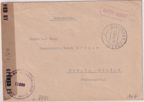 All.Bes. - Dillingen 17.11.45 Gebühr bezahlt roter Ra1 Zensurbrief n. Berlin