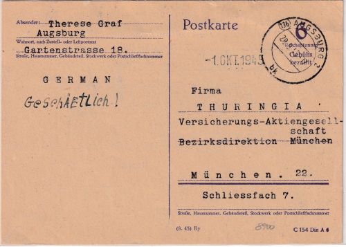 All.Bes./RPD München - 6 Pfg. Aushilfs-Ganzsache Augsburg - München 28.9.45