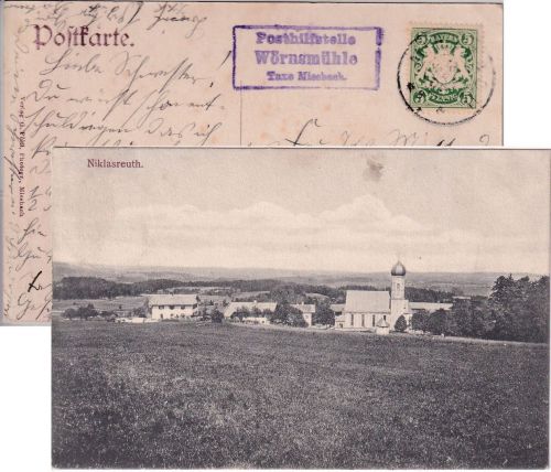 Bayern - Wörnsmühle T. Miesbach Posthilfstelle-Ra3 AK Niklasreuth Schwaben 1907