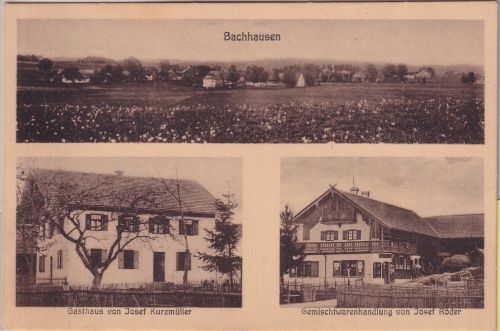 Bayern - Bachhausen Gasthaus Gemischtwarenhandlung sw-Mehrbild-AK ca. 1920