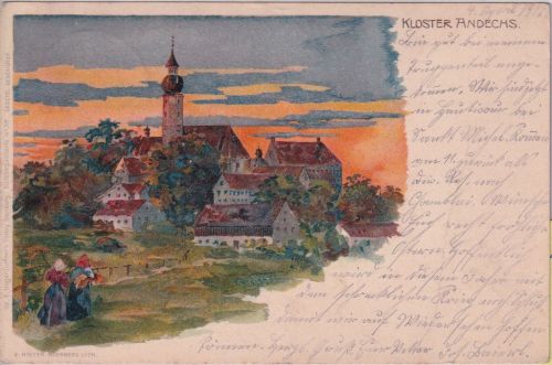 Bayern - Kloster Andechs farb. Künstler-AK gelaufen 1917