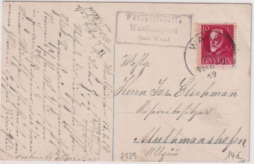 Bayern - Waalhaupten T. Waal Posthilfstelle-Ra3 Karte n. Muthmanshofen 1919