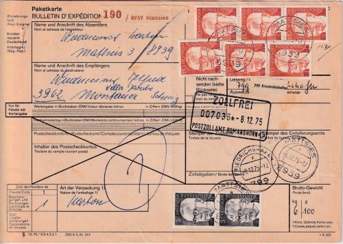 BRD - 5x170+2x5 Pfg. Heinemann Paketkarte i.d. SCHWEIZ Mattsies - Montana 1975