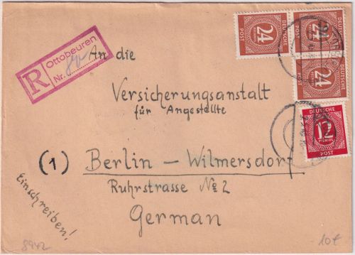 All.Bes. - Ottobeuren 2.5.46 Einschreibestempel Einschreibebrief n. Berlin