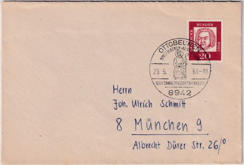 BRD - Ottobeuren 1200 J. Benediktinerabtei SST Brief n. München 29.5.64