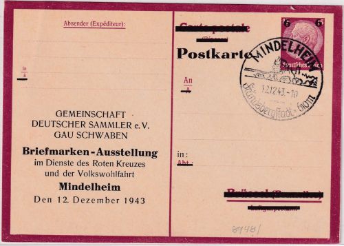 DR - 6/15 Pfg. Hindenburg/Überdruck Ganzsache priv. Zudruck Mindelheim 1943