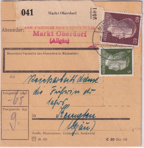 DR - 60+5 Pfg. AH Paketkarte Markt Oberdorf - Kempten 1944 - Reichsarbeitsdienst
