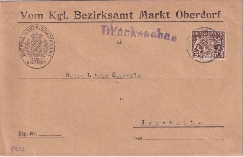 Bayern - 3 Pfg. Staatswappen Drucksache Markt Oberdorf - Bernbuch 1916