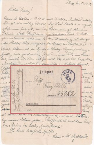 DR - Irsee 23. OKT 42 weiterverw. bayer. K2 Feldpostbrief an Fp.Nr. 45082