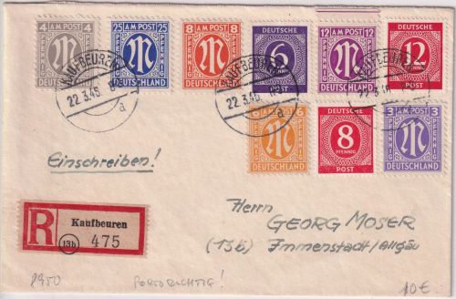 All.Bes./AM-Post - Kaufbeuren 29.3.46 philatel. Mischfrankatur Einschreibebrief
