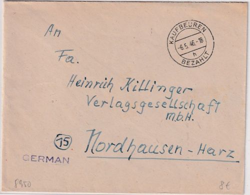 All.Bes. - Kaufbeuren Bezahlt 6.5.46 Tagesstempel Brief n. Nordhausen
