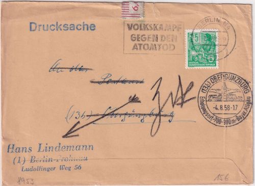 DDR - 5 Pfg. 5-Jahresplan Drucksache Berlin - Obergünzburg 1958