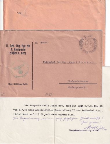 DR - Füssen 1938 Frei d. Ablösung/Gebirgsjäger Dienstbrief n. Lindau