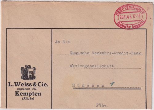 All.Bes. - Kempten 2 26.11.45 Gebühr bezahlt roter Ovalstpl. Brief n. München