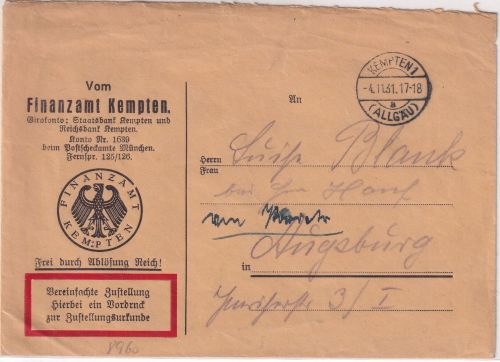 DR - Kempten 4.11.31 Frei d. Ablösung/Zustellurkunde n. Augsburg