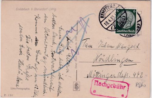 DR - Kempten 1935 ursprünglich unfrankierte Karte n. Nördlingen