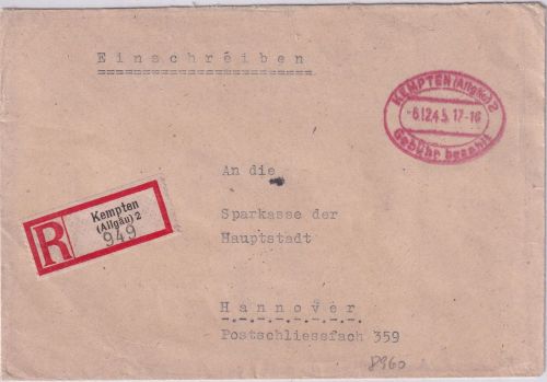 All.Bes. - Kempten 2 6.12.45 Gebühr bezahlt Ovalstpl. Einschreibebrief