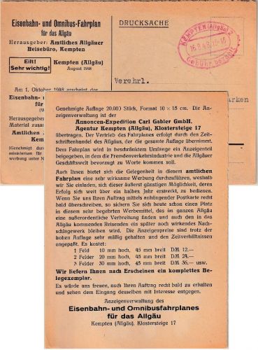 All.Bes. - Kempten 2 16.8.48 (!) Gebühr bezahlt Drucksache n. Wiesbaden