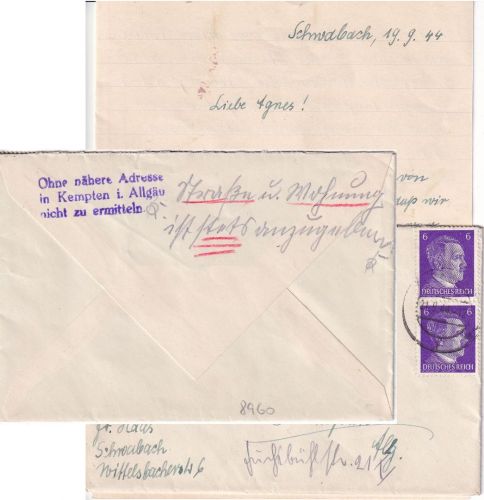 DR - Kempten 1944 Hinweis-L3/Unbestellbarkeit Brief aus Schwabach mit Inhalt