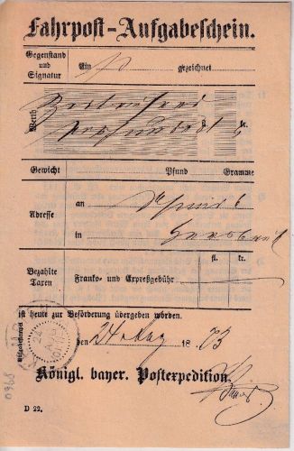 Bayern - Kempten 24. AUG K1 Fahrpost-Aufgabeschein (Wertpaket n. Hersbruck) 1873