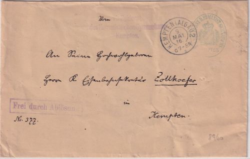 Bayern - Kempten 9. MAI 16 Frei d. Ablösung Dienstbrief (Gymnasium) im Ort