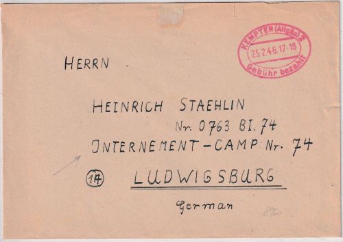All.Bes. - Kempten 2 25.2.46 Gebühr bezahlt Ovalstpl. Brief n. Ludwigsburg !!
