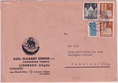 Bizone - 2x4+2 Pfg. Bauten + NO illustr. Ortsbrief Kempten 2 6.4.50